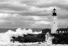 Rare High Tides Cause Huge Waves to Break by Lighthouse -BW